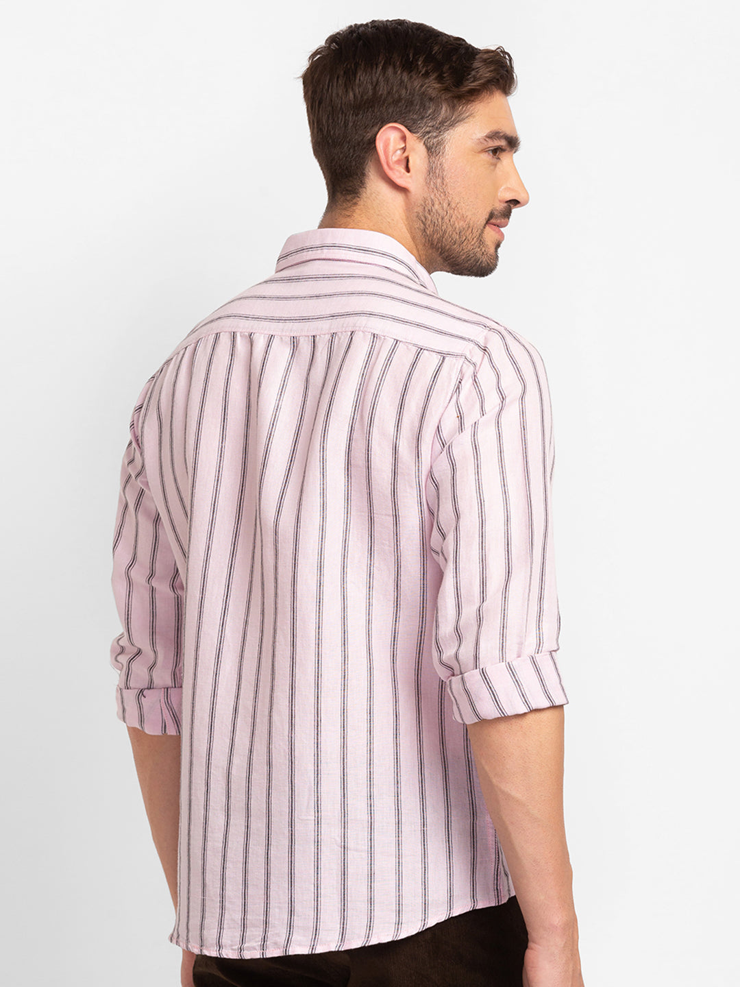 Spykar Powder Pink Cotton Full Sleeve Stripes Shirt For Men