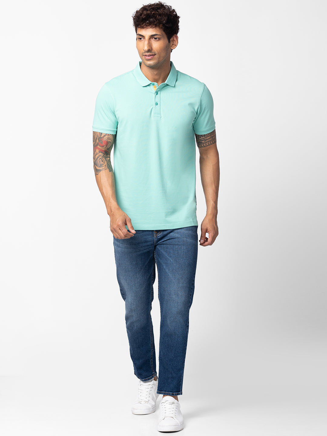 Spykar Men Ice Green Cotton Regular Fit Half Sleeve Plain Polo T-Shirt