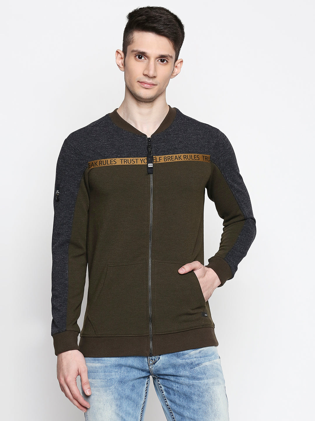 Spykar Cotton Blend Green Sweatshirt For Mens