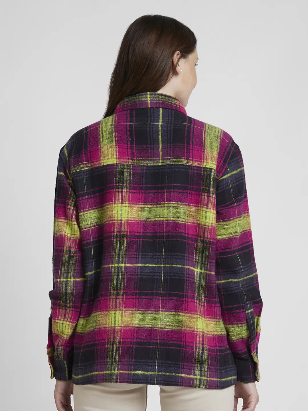 Spykar Women Magenta Cotton Oversize Fit Full Sleeve Checkered Shirt