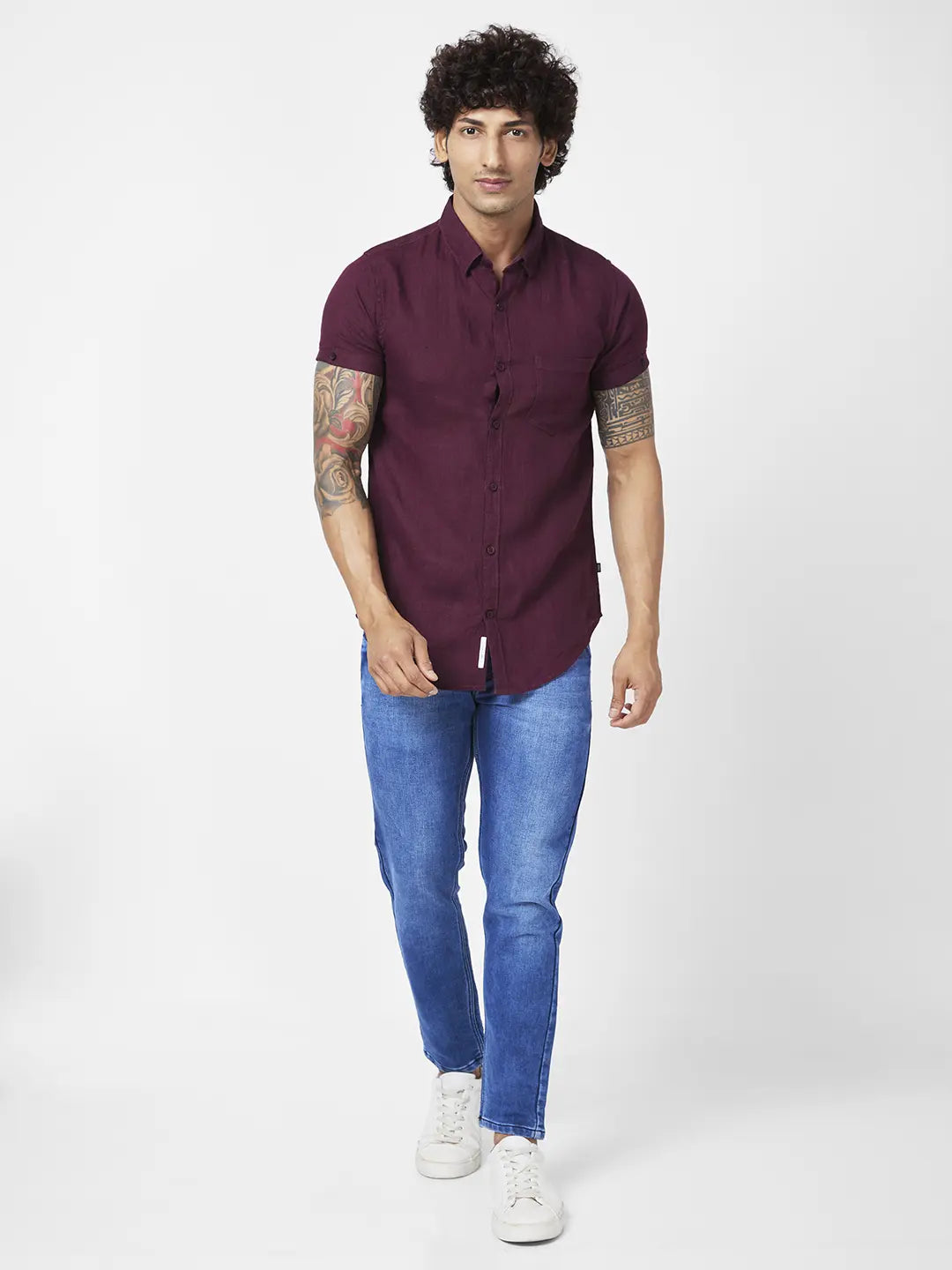 Spykar Men Wine Red Linen Regular Slim Fit Half Sleeve Casual Plain Shirt