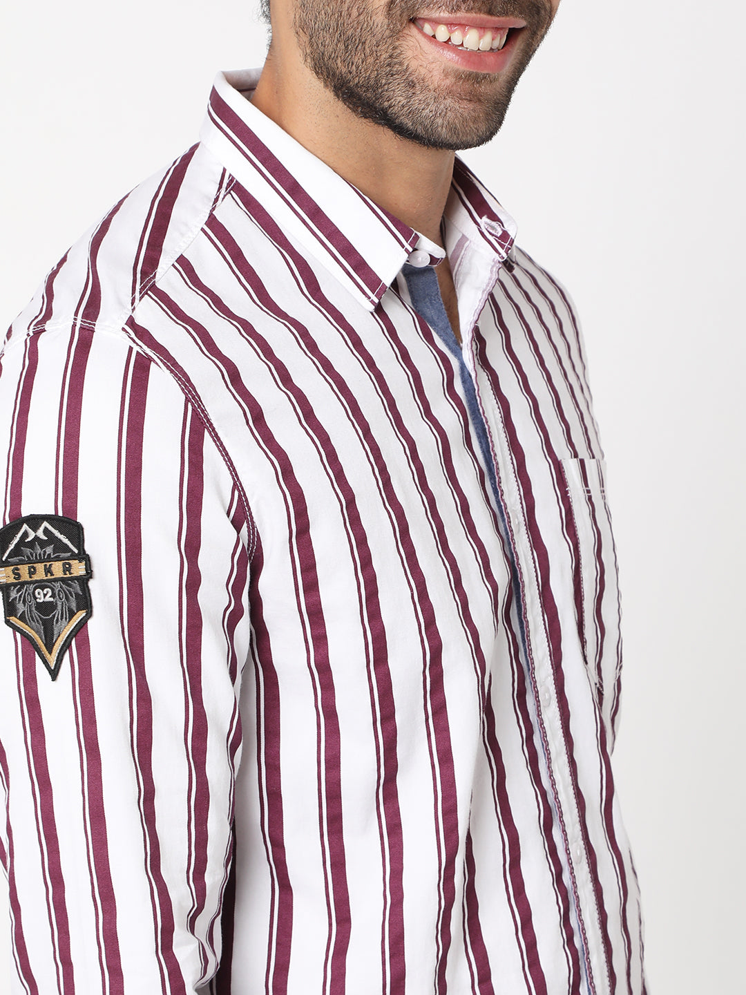 Spykar Men Plum Red Cotton Slim Fit Full Sleeve Striped Shirt