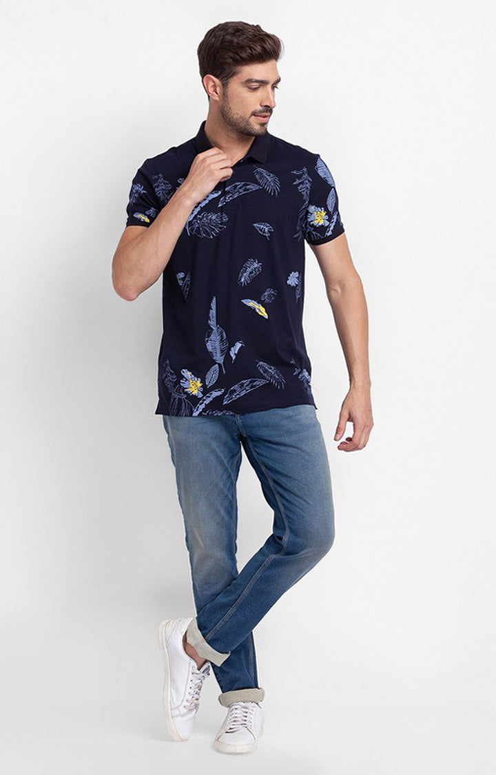 Spykar Navy Blue Cotton Half Sleeve Printed Casual Polo T-Shirt For Men