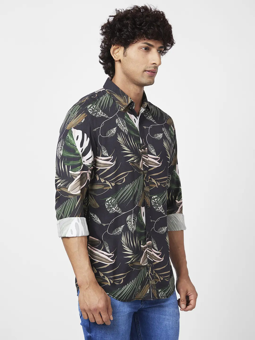 Spykar Men Rifle Green Viscose Regular Slim Fit Full Sleeve Causal Printed Shirt