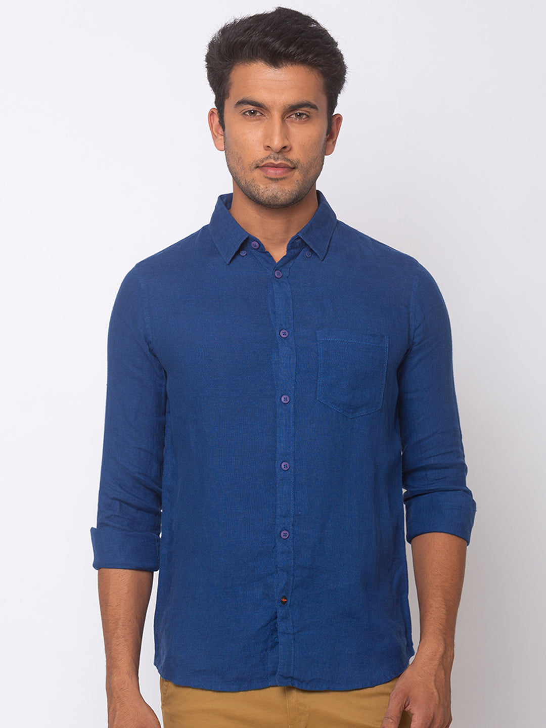 Spykar Men Navy Blue Linen Slim Fit Shirt