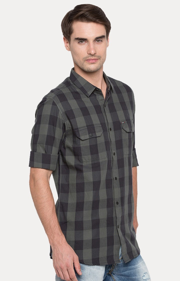 Spykar Men'S Grey Cotton Checked Casual Shirts