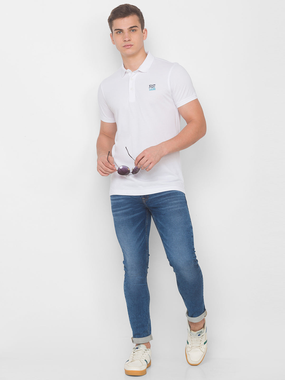 Spykar Men White Cotton Slim Fit Polo T-Shirt