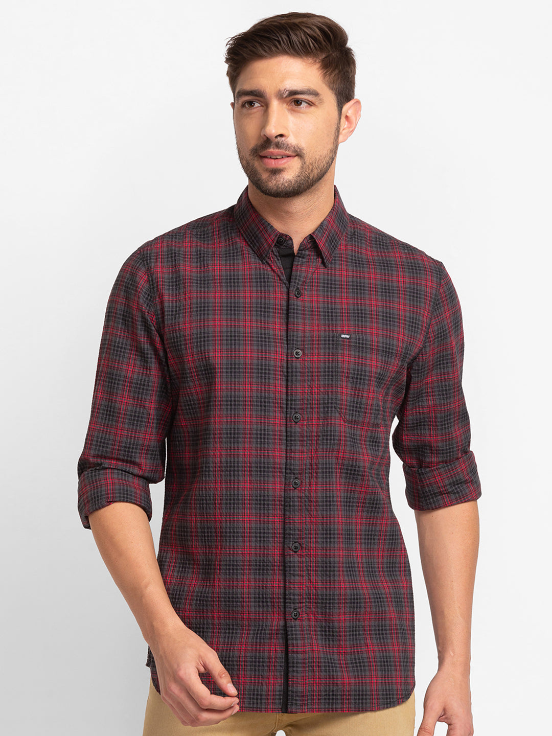 Spykar Dark Grey Cotton Full Sleeve Checks Shirt For Men