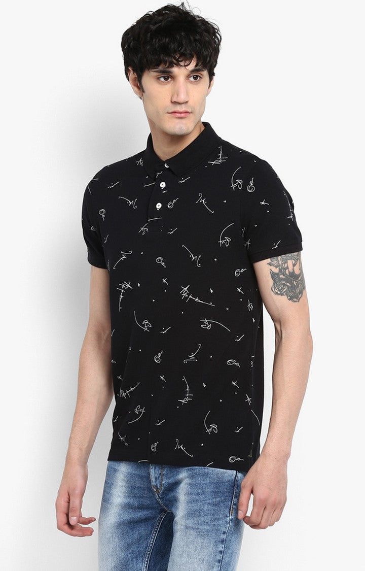 Spykar Jet Black Printed Slim Fit Polos T-Shirt