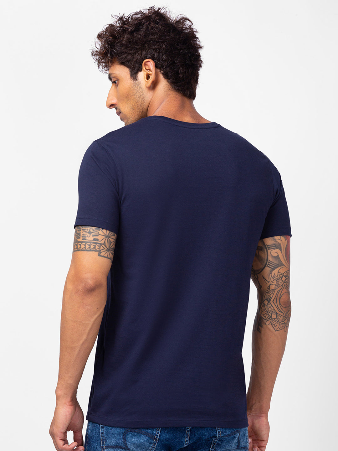 Spykar Men Navy Blue Cotton Slim Fit Round Neck Printed T-Shirt