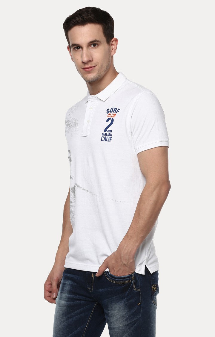 Spykar White Printed Slim Fit Polo T-Shirt