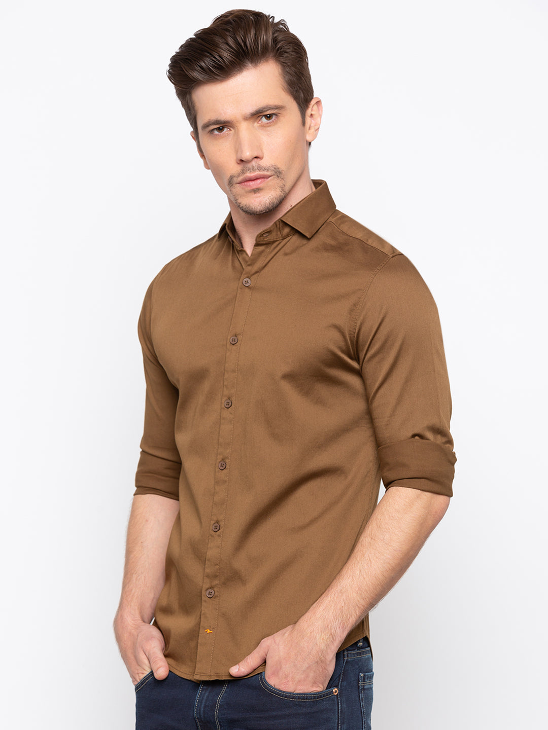 Spykar Men Khaki Solid Slim Fit Casual Shirt