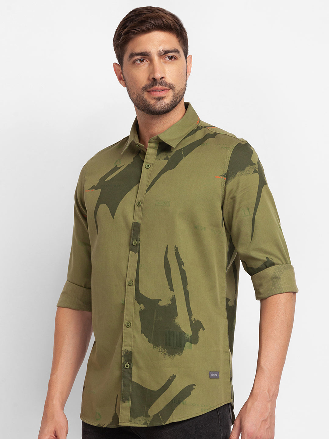 Spykar Military Green Cotton Full Sleeve Printed Shirt For Men