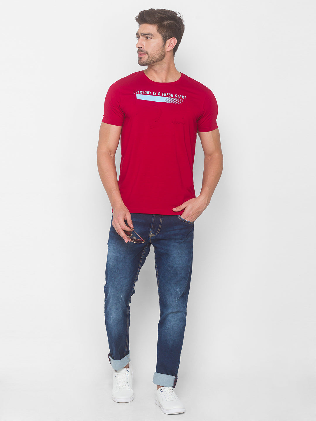 Spykar Men Red Cotton Slim Fit Round Neck T-Shirt