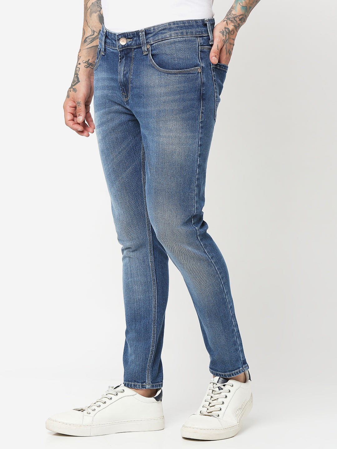 Spykar Men Mid Blue Cotton Slim Fit Tapered Length Jeans (Kano)