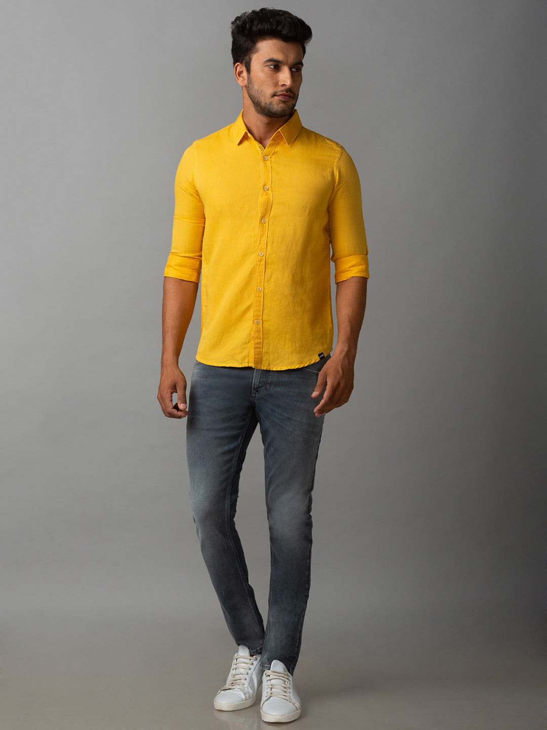 Spykar Men Yellow Cotton Slim Fit Shirt