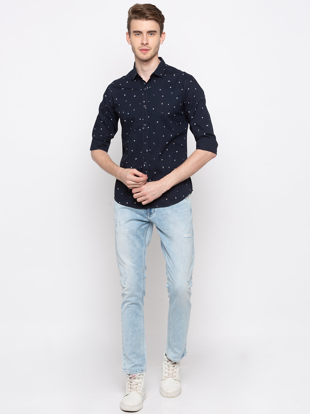 Spykar Men Navy Printed Slim Fit Casual Shirt