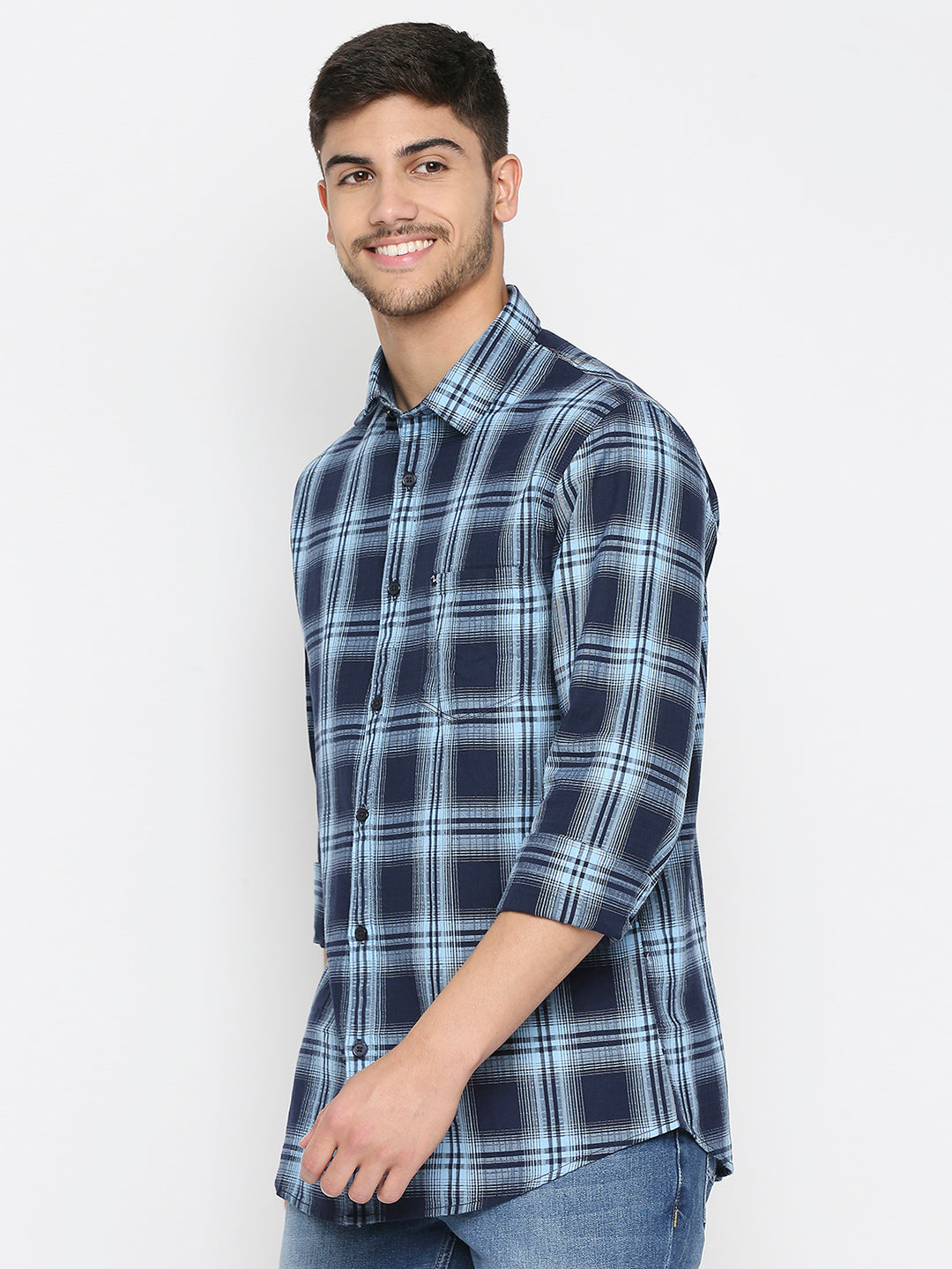 Spykar Indigo Blue Cotton Full Sleeve Checkered Shirt For Men