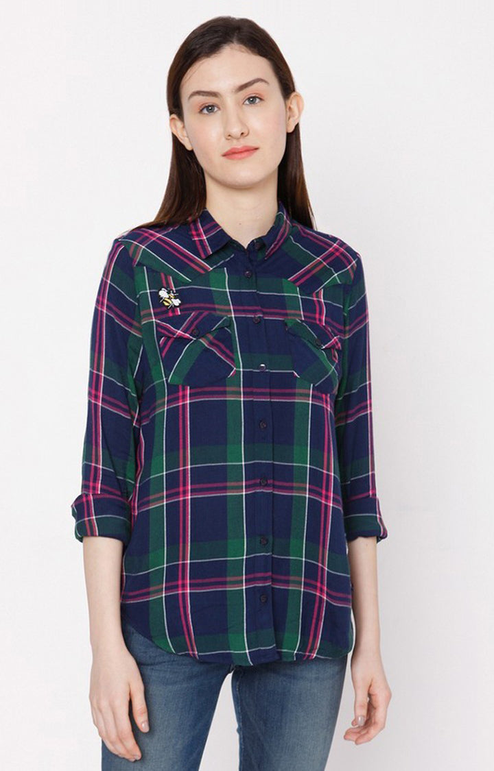 Spykar Women Navy Blue Cotton Regular Fit Checkered Shirt