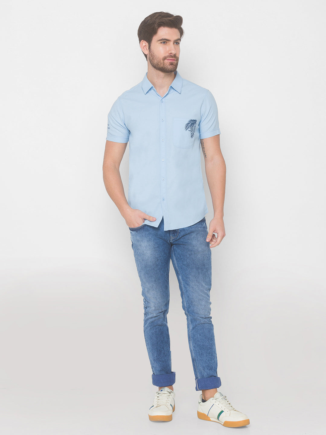 Spykar Men Sky Blue Cotton Slim Fit Shirt