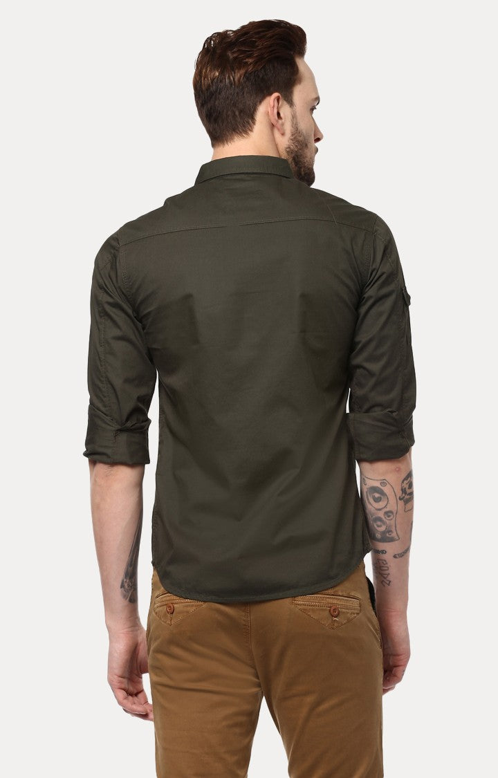 Spykar Men'S Green Cotton Solid Casual Shirts