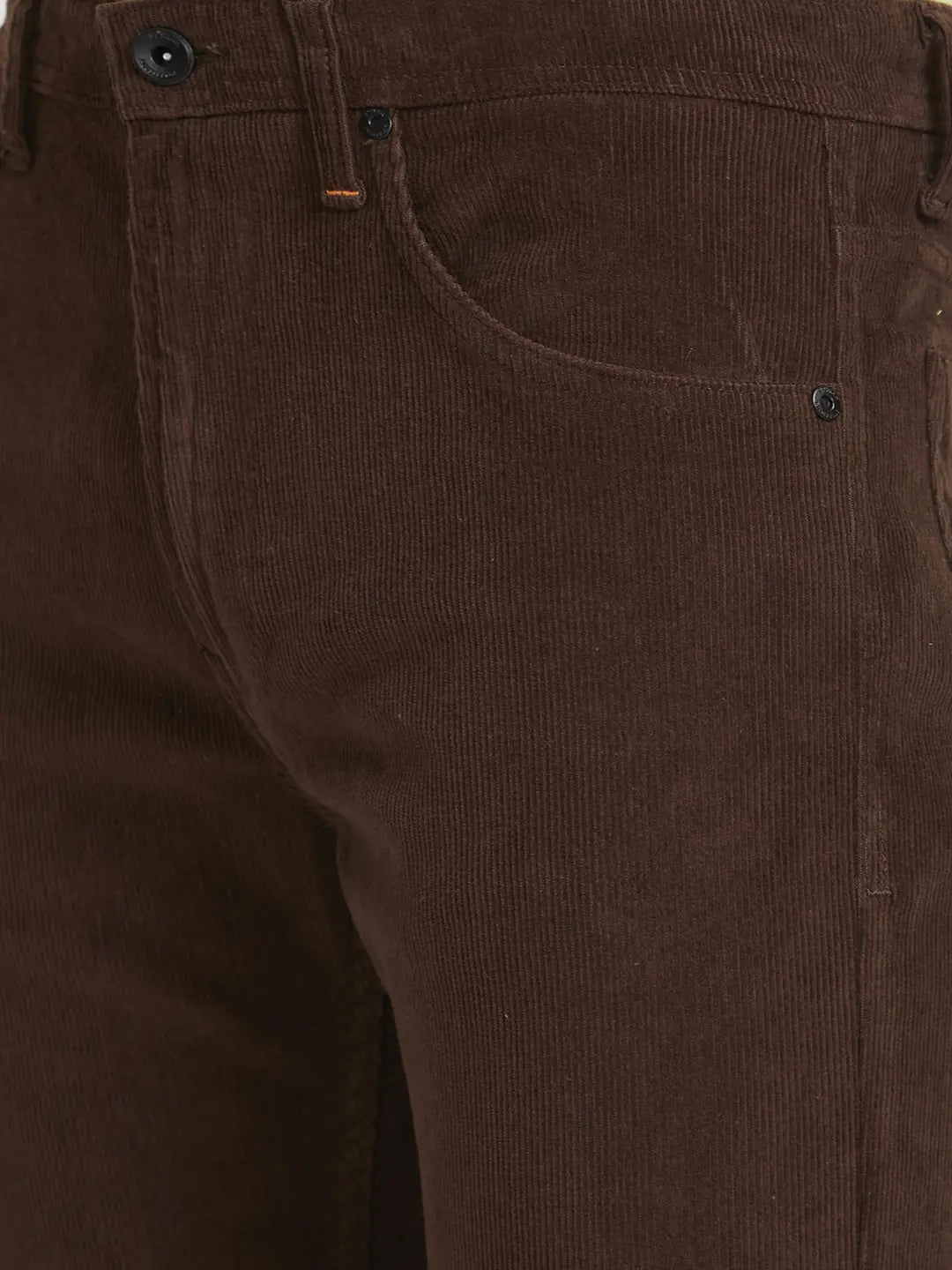 Spykar Men Brown Cotton Slim Fit Mid Rise Trousers