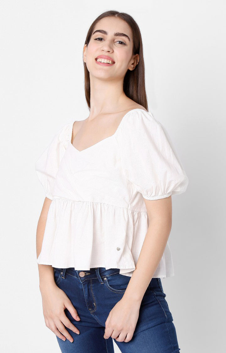 Spykar White Cotton Women Top