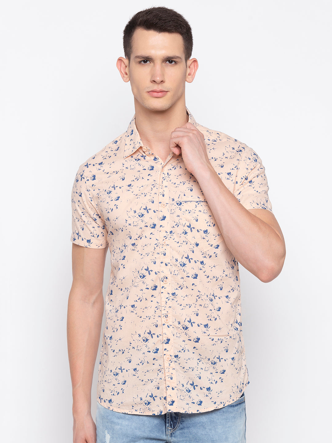 Spykar Men Peach Printed Slim Fit Casual Shirt