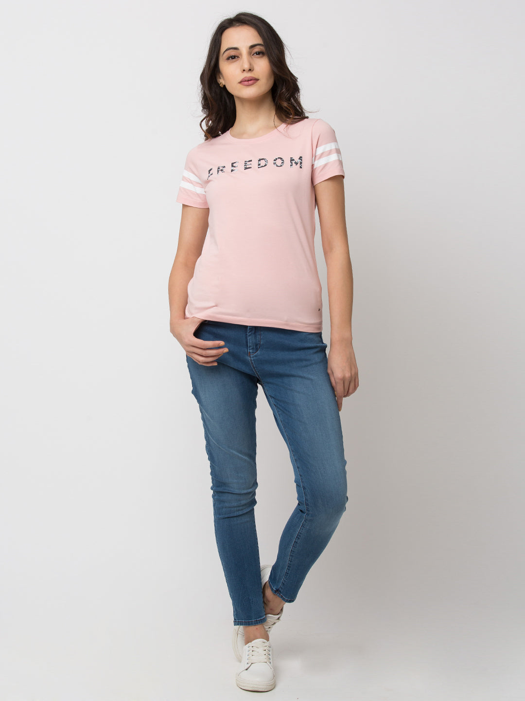 Spykar Women Pink Lycra Regular Round Neck T-Shirt