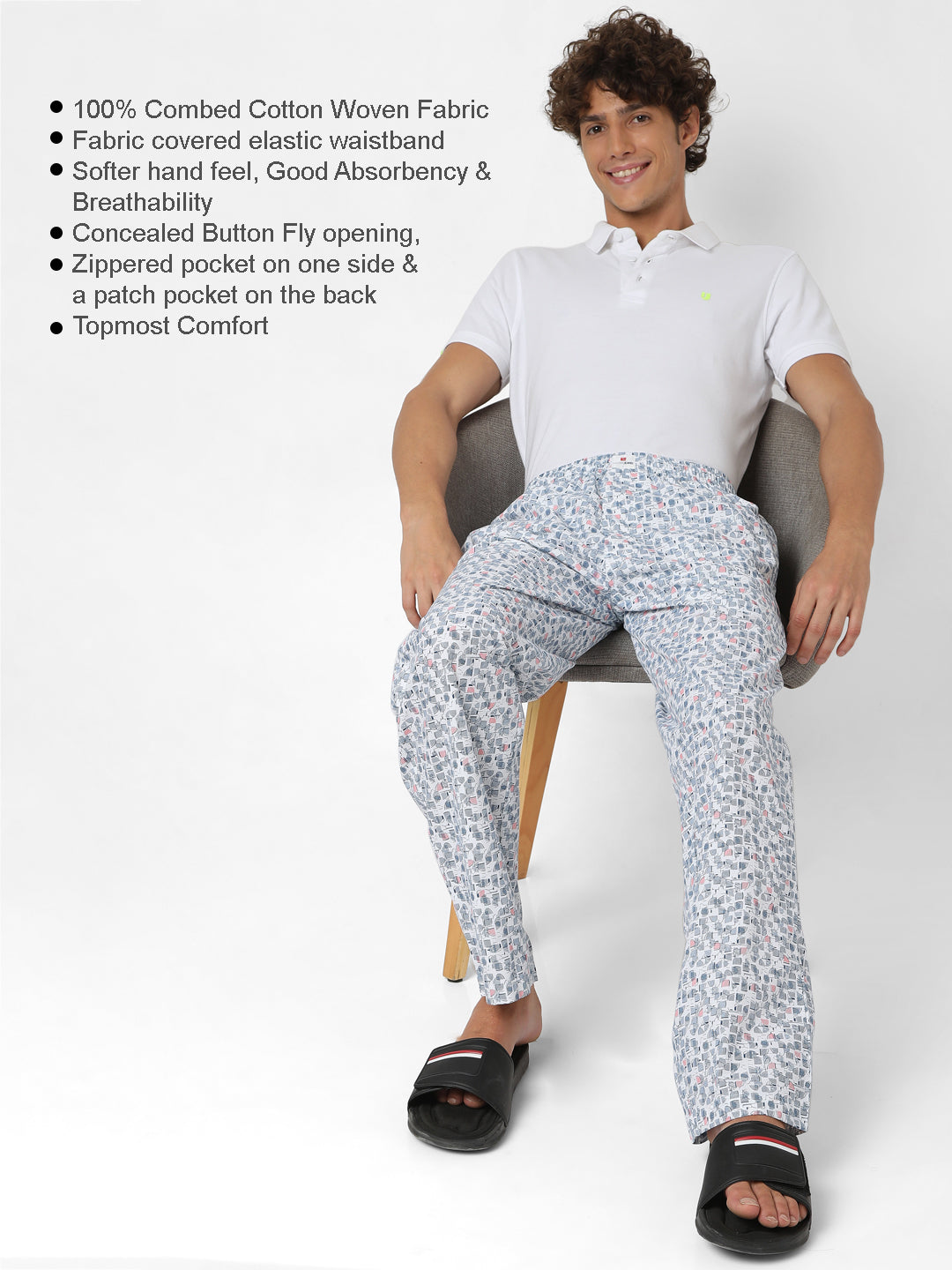 Men Premium White & Blue Cotton Printed Pyjama - UnderJeans By Spykar