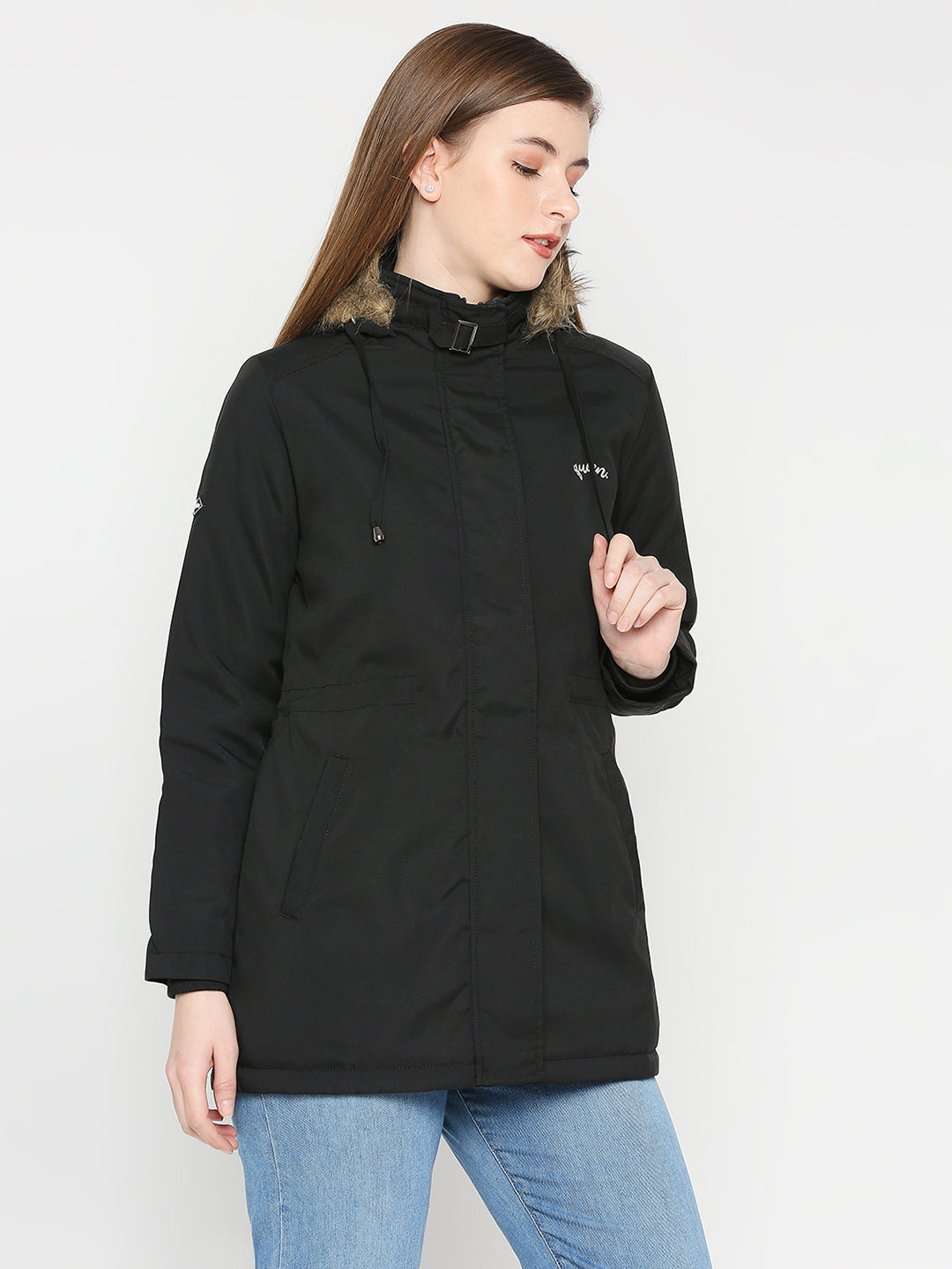 Spykar Women Black Nylon Slim Fit Hooded Jacket