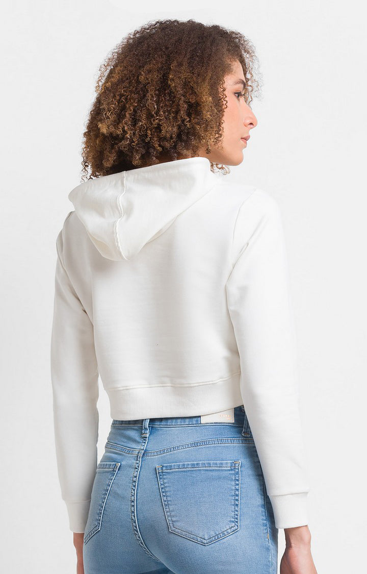 Spykar White Cotton Blend Full Sleeve Hooded Sweatshirts For Women