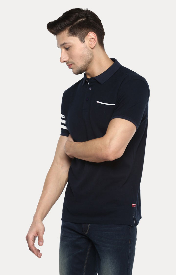 Spykar Navy Blue Solid Slim Fit Polo T-Shirt