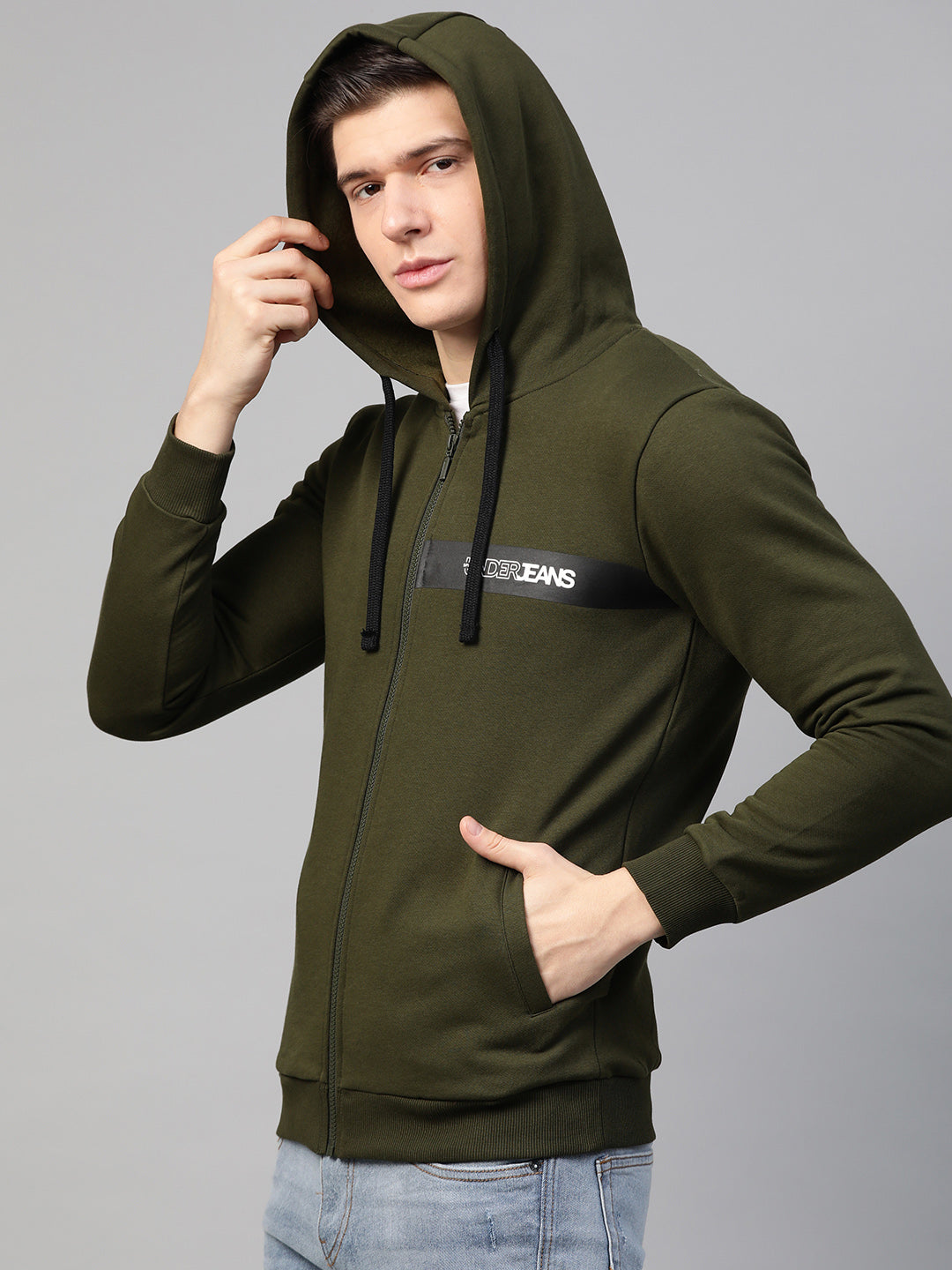 Olive Cotton Solid Hooded Sweatshirts- Underjeans By Spykar