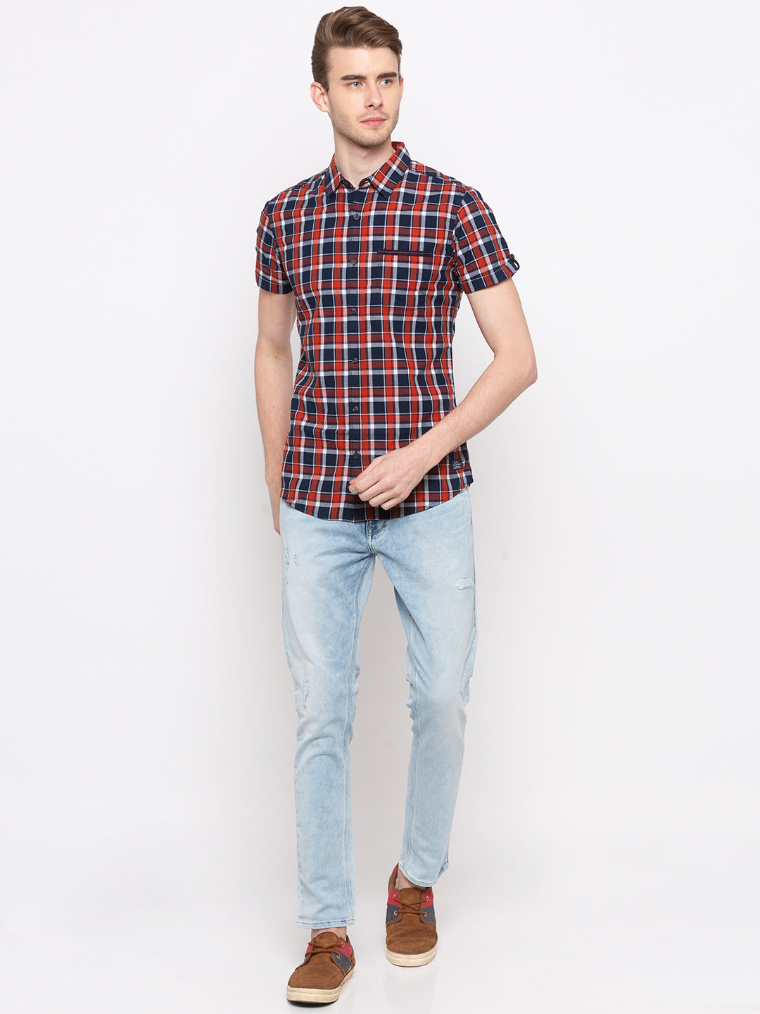 Spykar Men Navy & Orange Checked Slim Fit Casual Shirt