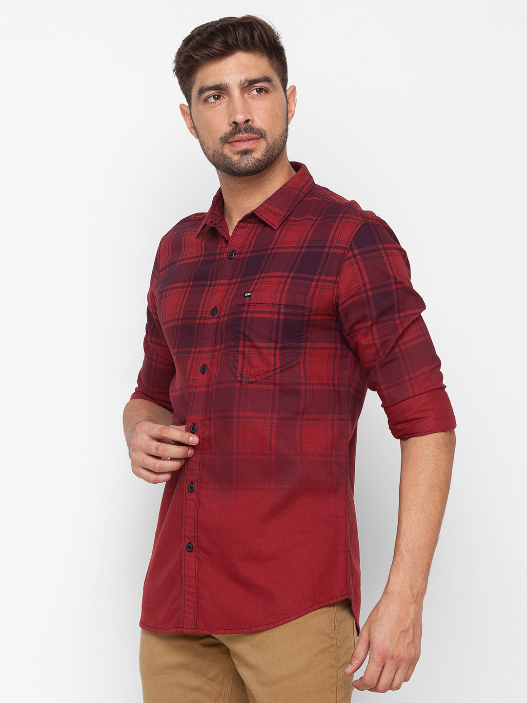 Spykar Deep Red Cotton Full Sleeve Checks Shirt For Men