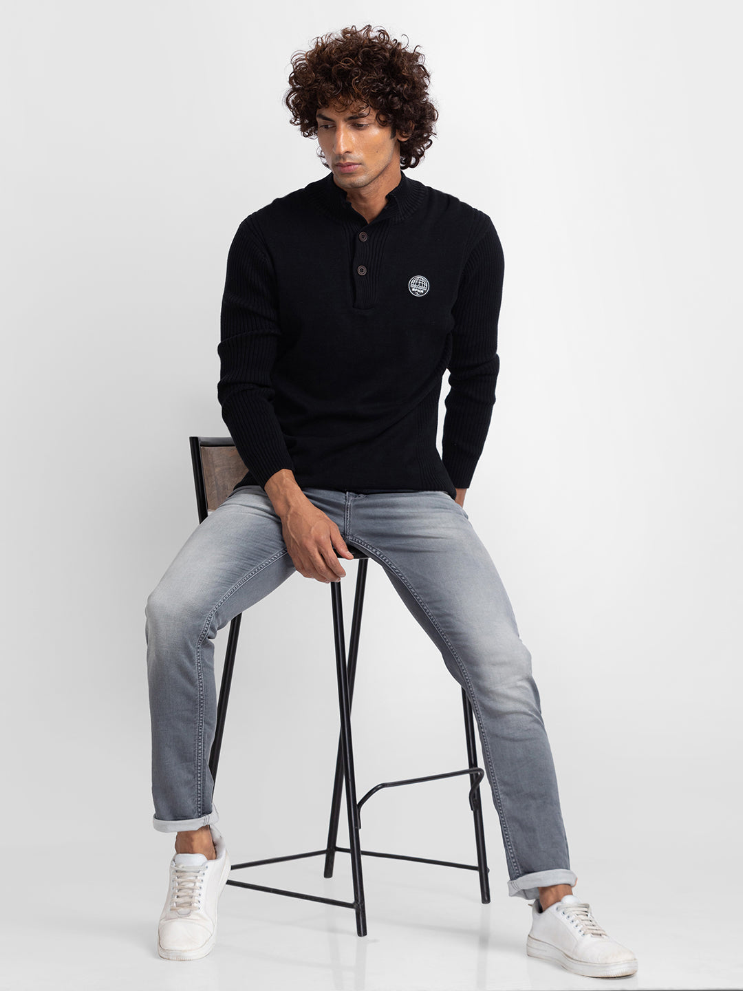 Spykar Black Cotton Full Sleeve Casual Sweater For Men