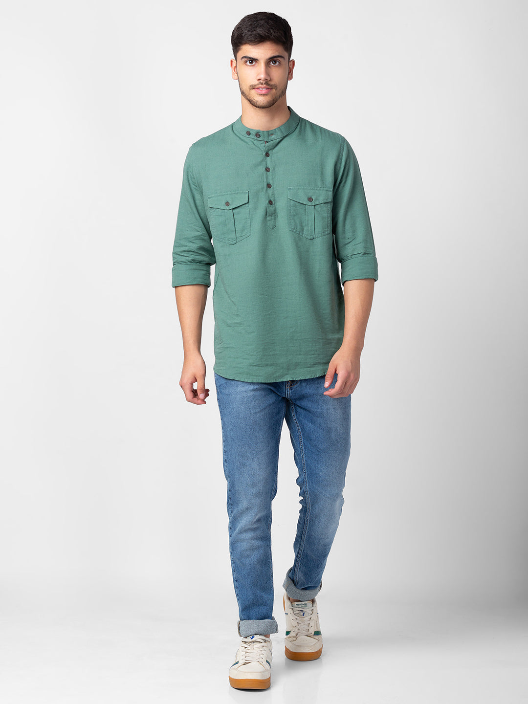 Spykar Men Sage Green Cotton Slim Fit M and arin Collar Plain Kurta