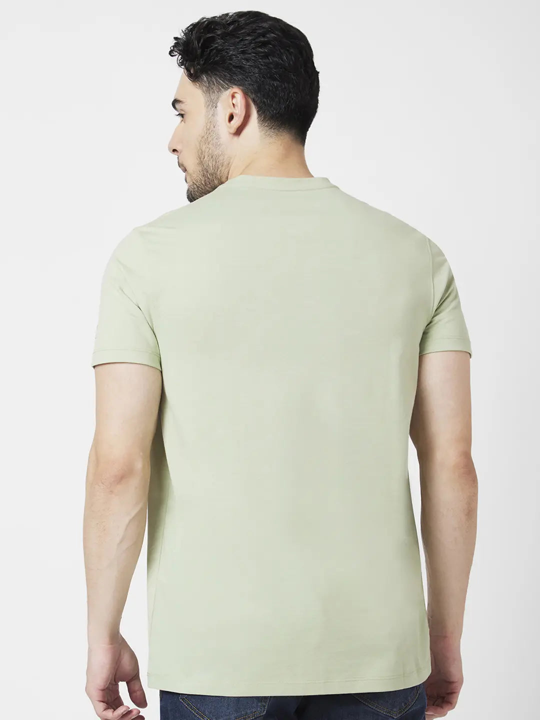 Spykar Men Dusty Pista Green Blended Slim Fit Half Sleeve Round Neck Printed Tshirt