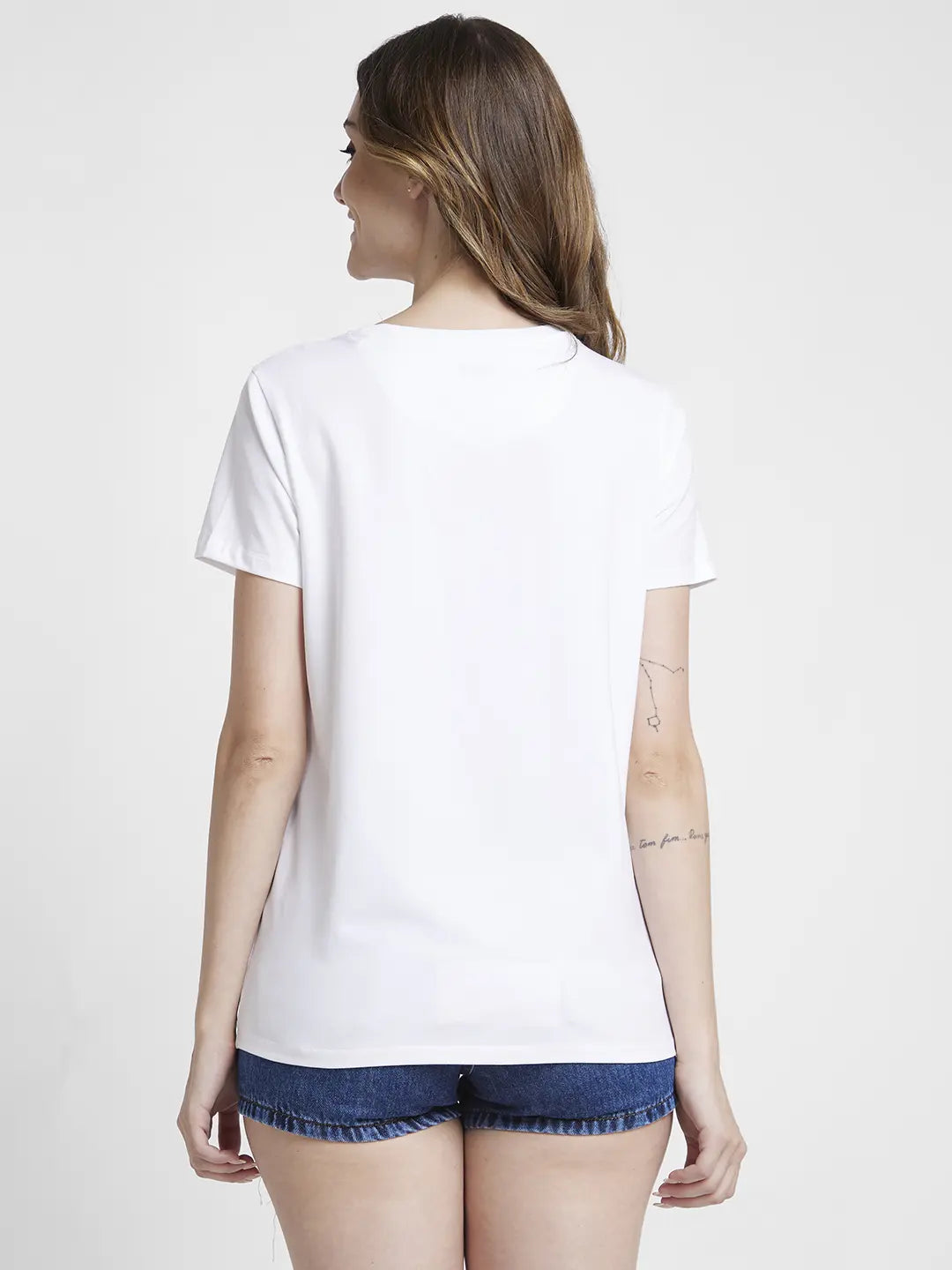 Spykar Women White Blended Regular Fit Half Sleeve Round Neck Printed Tshirt