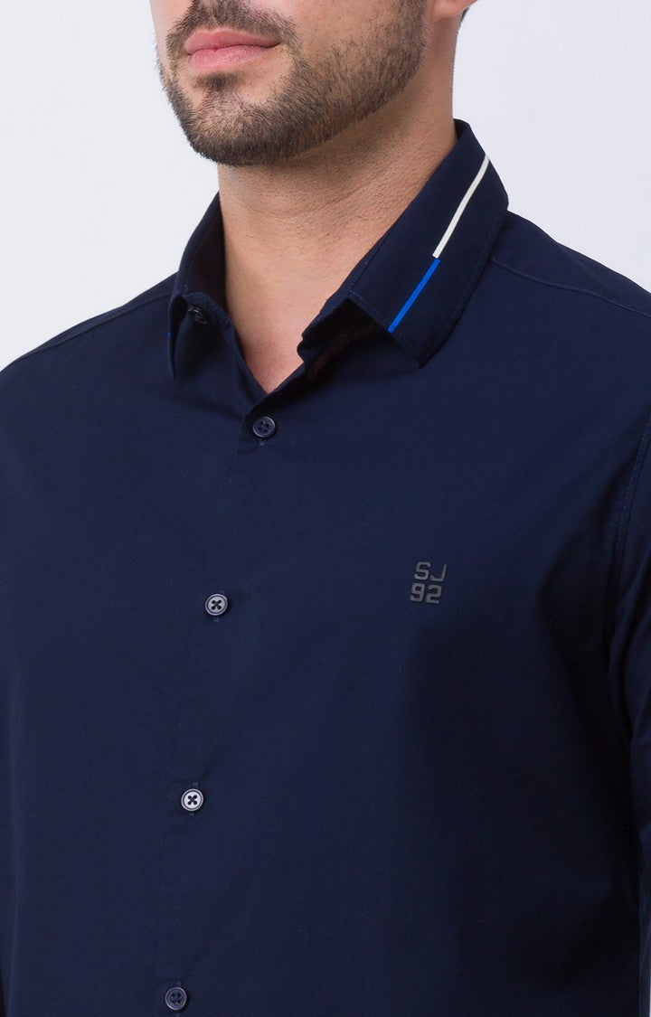 Spykar Navy Blue Cotton Full Sleeve Plain Shirt For Men