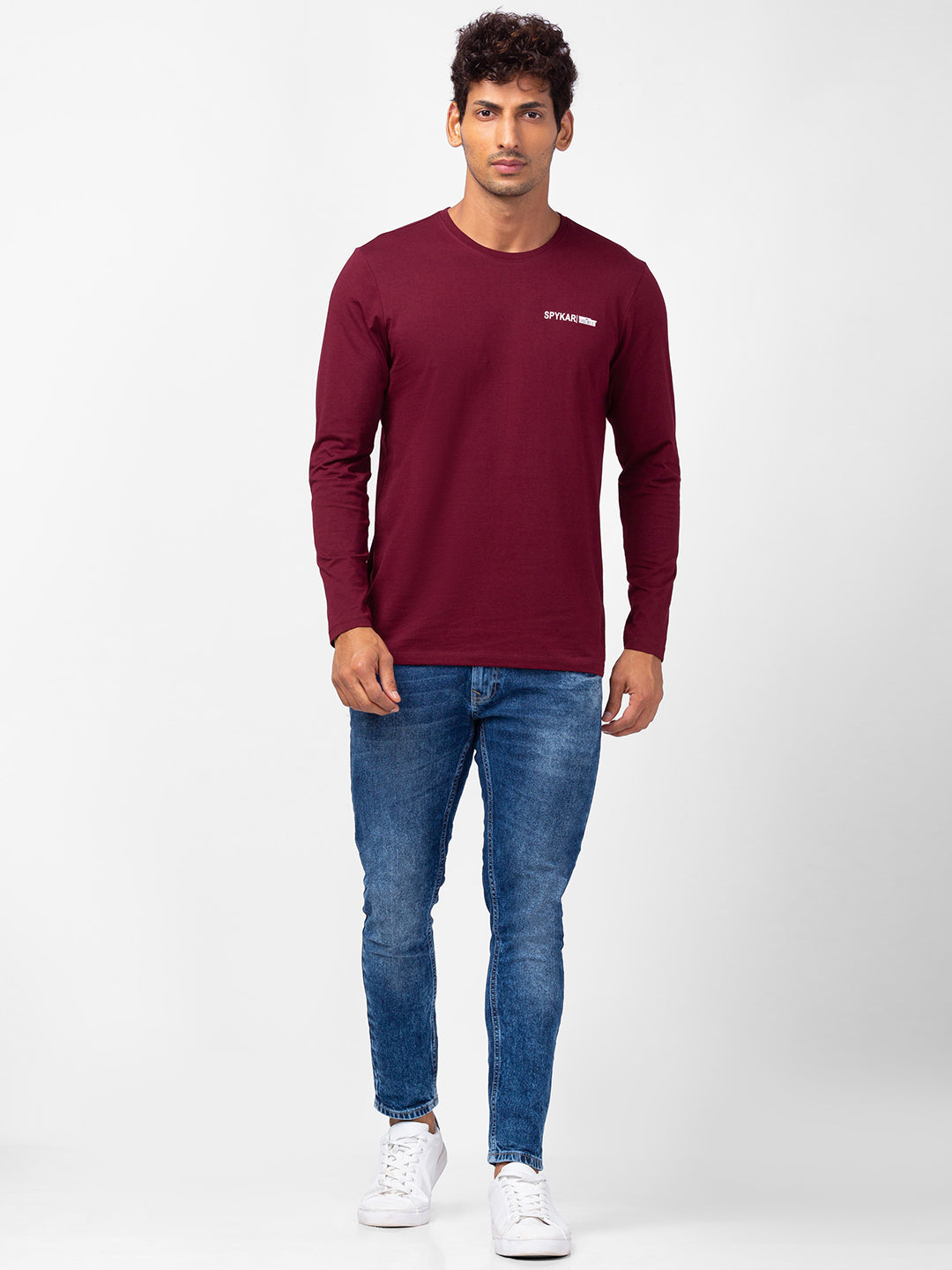 Spykar Men Wine Cotton Slim Fit Round Neck Plain T-Shirt