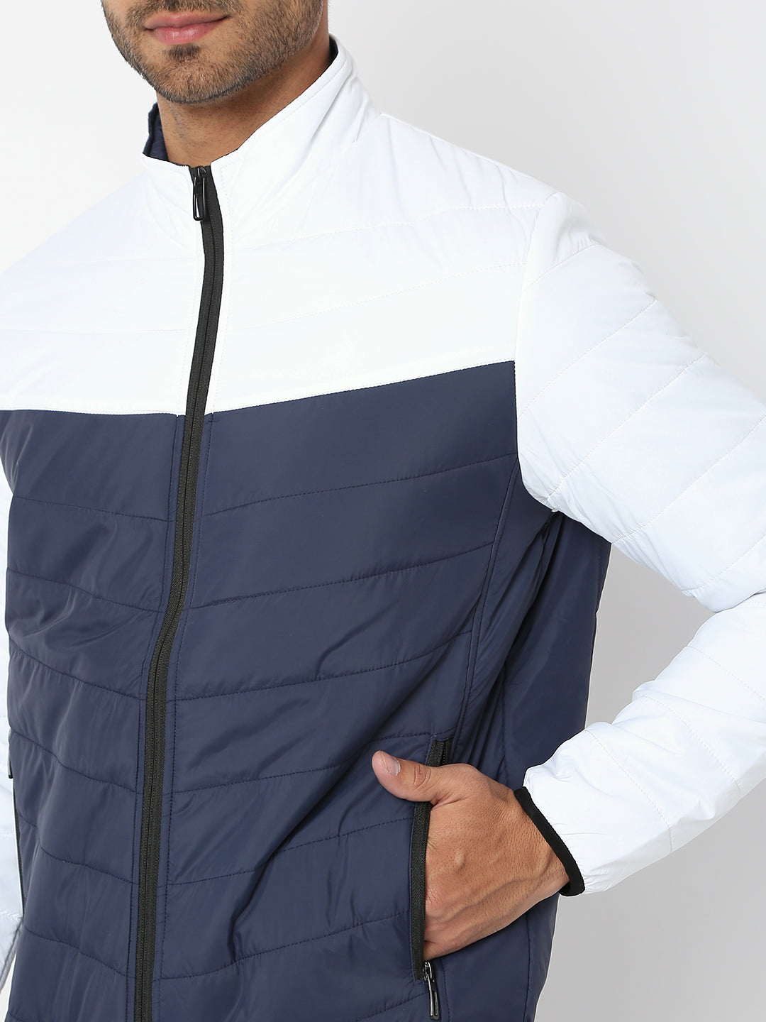 Spykar Men White & Navy Nylon Regular Fit Jacket