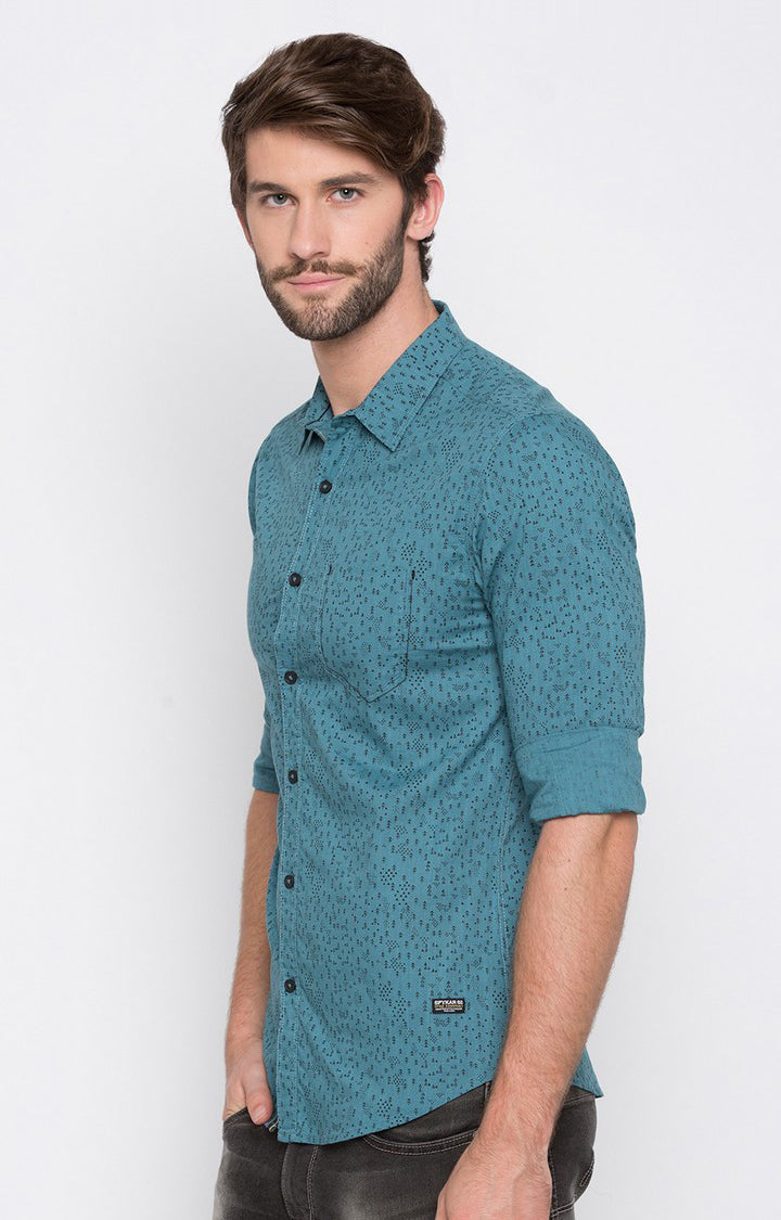 Spykar Men'S Blue Cotton Printed Casual Shirts