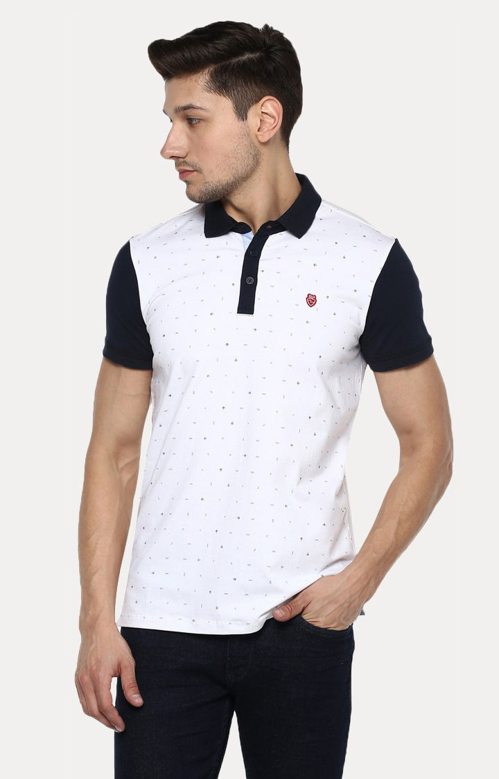 Spykar White Printed Slim Fit Polo T-Shirt