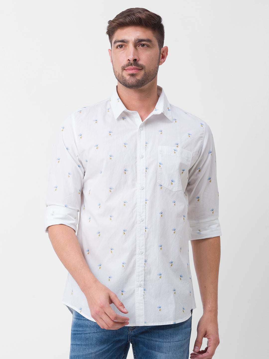 Spykar White Cotton Full Sleeve Printed Shirt For Men