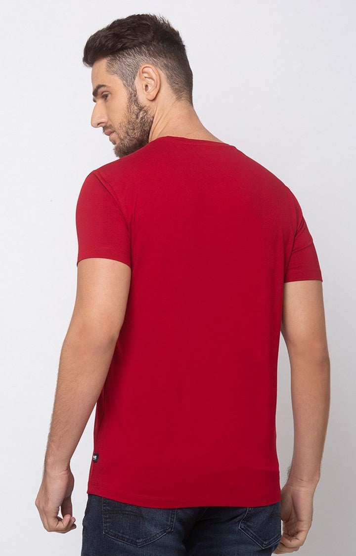 Spykar Red Cotton Slim Fit T-Shirt For Men