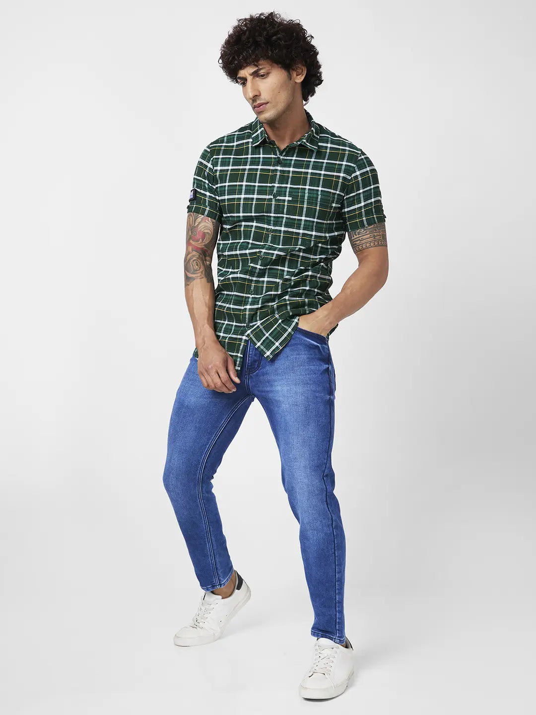 Spykar Men Dark Green Cotton Regular Slim Fit Half Sleeve Casual Checkered Shirt