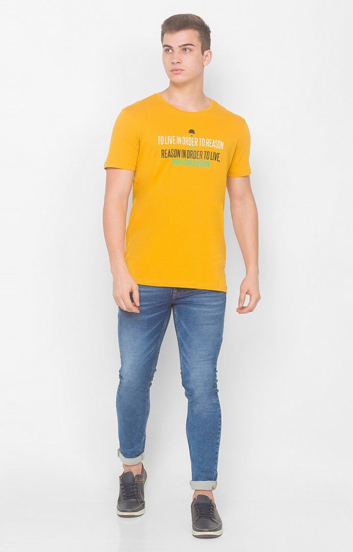 Charlie Chaplin Spykar Men Mustard Cotton Slim Fit Printed Round Neck Tshirt