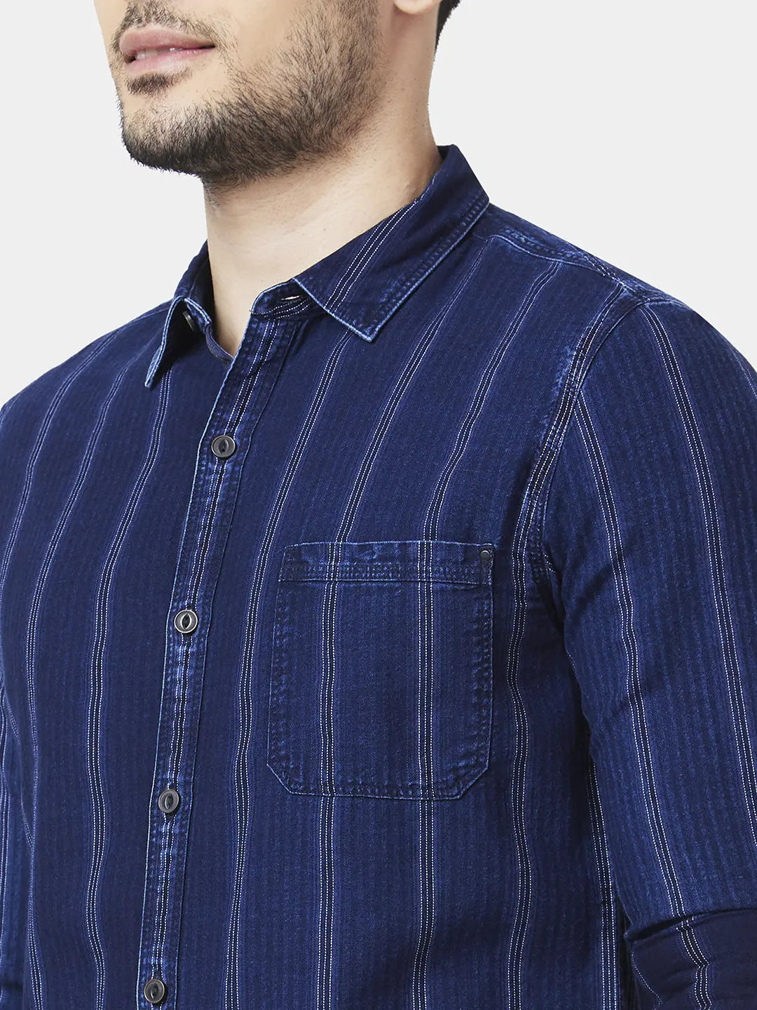 Spykar Men Indigo Blue Cotton Slim Fit Full Sleeve Striped Shirt